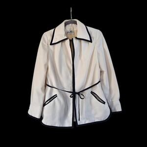 Vintage Gino Rossi Cream Navy Trim Retro Woven Nautical Belted Jacket, Size XS